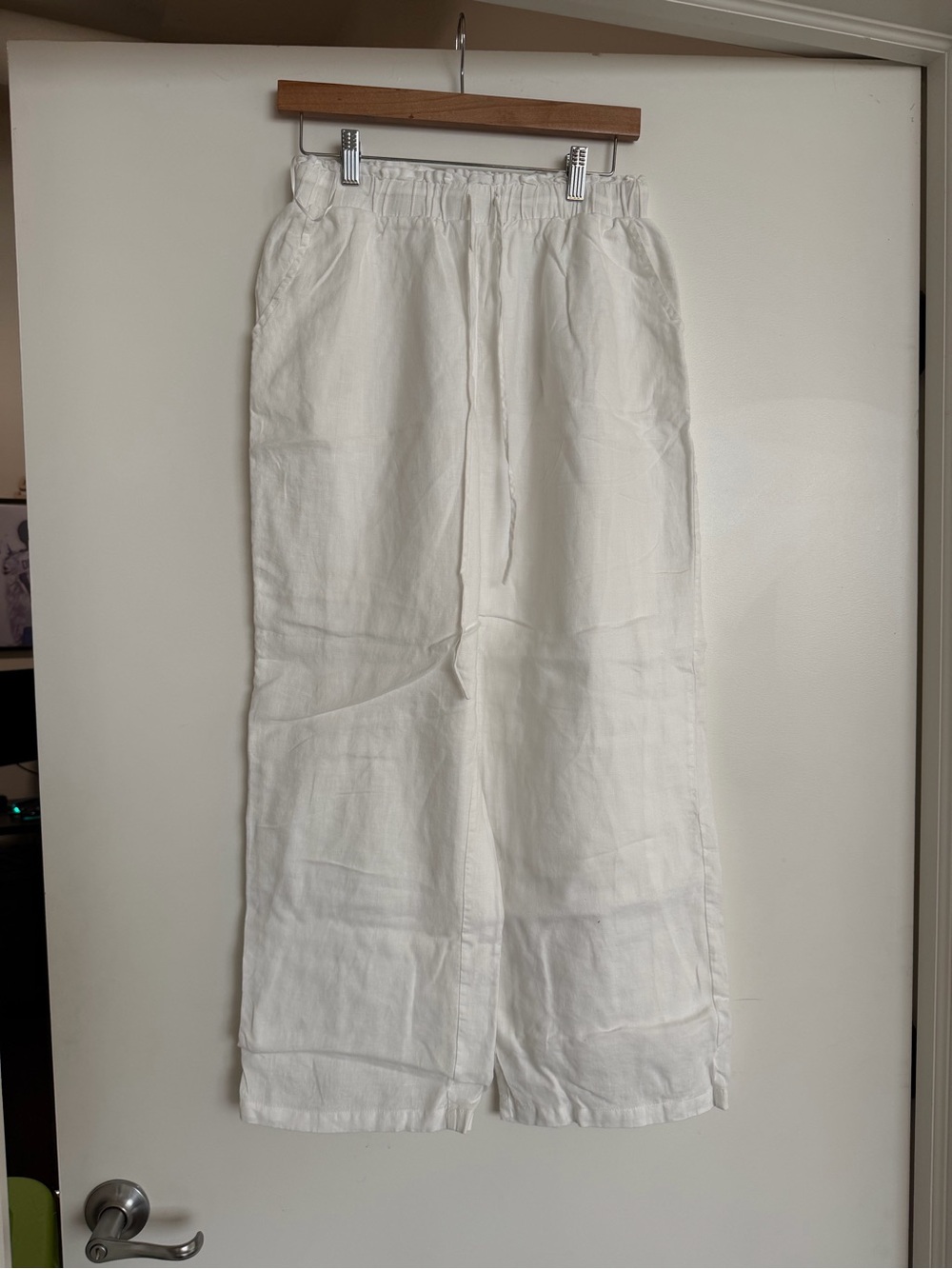 Lucy Paris White Wide-Leg Drawstring Linen Trousers